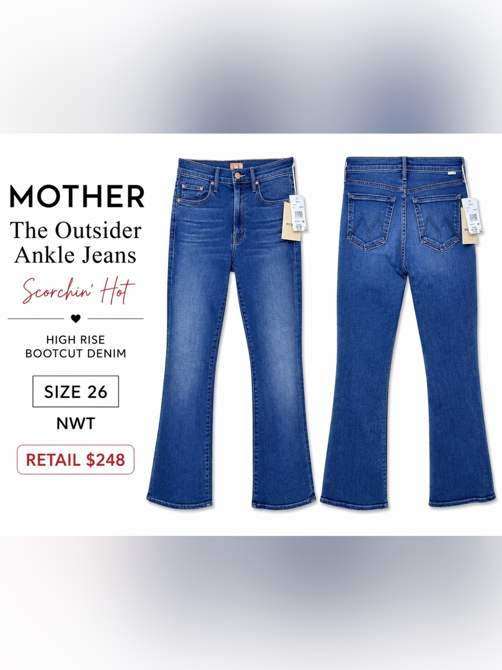 MOTHER The Outsider Ankle Jeans Scorchin Hot High Rise Bootcut Denim Size 26 NWT